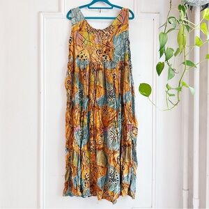 Vintage 90s rayon pattern sundress sita small medium bohemian artsy abstract fun